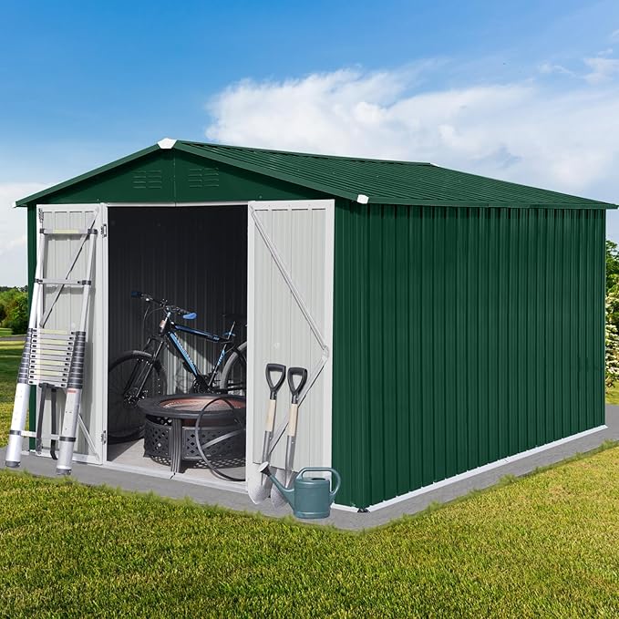 Metal Garden Sheds 8ft×10ft Outdoor Storage Sheds Green + White, for Backyard, Patio, Poolside