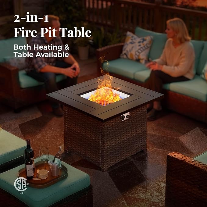 Patio Furniture Set, 7 Pcs Wicker Rattan Outdoor Conversation Set, 2 x Leg Chairs, 1 x 3 Seater Sofa, 1 x 2-Seat Lover Sofa and 2 x Ottomans with 4" Thick Cushion and 32" Fire Pit Table, Blue