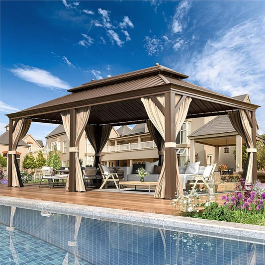 MELLCOM 12'x20' Hardtop Gazebo, Galvanized Steel Metal Double Roof Aluminum Gazebos with Curtains and Netting, Brown Permanent Pavilion with Aluminum Frame for Patio, Lawn & Garden