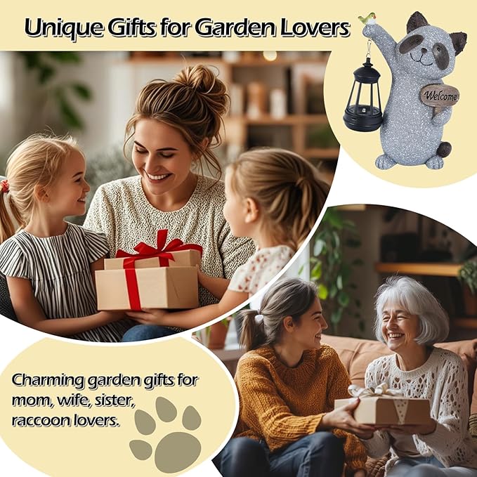 Raccoon Garden Statue with Solar Lantern, Cute Raccoon Figurine Light with Welcome Sign and Bird for Outdoor Patio Balcony Yard, Unique Resin Statue for Mom Grandma Women