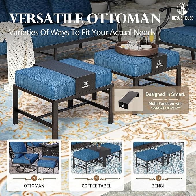 HERA'S HOUSE 6 Pieces Patio Furniture Set with Fire Pit Table, 2 x Single Chair, 2 x Ottoman, 3-Seat Sofa with 45" Fire Pit Table, Outdoor Conversation Set for Garden Poolside Backyard, Pacific Blue
