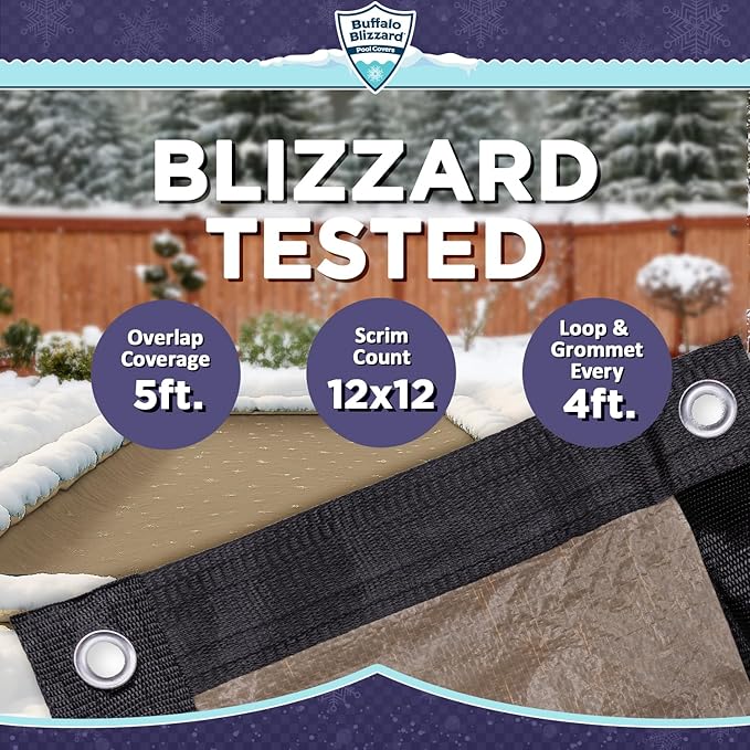 Buffalo Blizzard Supreme Plus 18 ft x 36 ft Rectangular Winter Pool Cover | Tan/Silver | Heavy Duty for Above Ground Swimming Pools | Easy Install | Cold & UV Resistant | Seasonal Debris Protection
