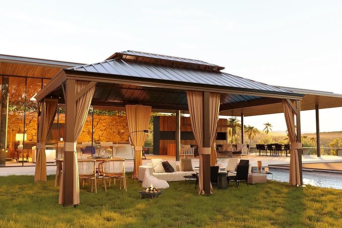 12' x 20' Outdoor Hardtop Gazebo Aluminum Frame with Double Metal Roof, Canopy Netting, Curtain, Patio Permanent Galvanized Steel Gazebo for Backyard, Garden, Party, Deck, Lawn