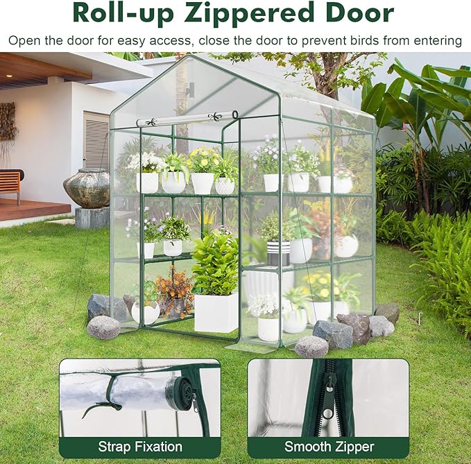 Happygrill Walk-in Greenhouse, Winter Hot House w/4 Tiers, 8 Shelves, Roll-up Zippered Door, Waterproof PVC Film, Portable Greenhouses for Outdoors for Potted Plants, Fruits, Vegetables, Flowers