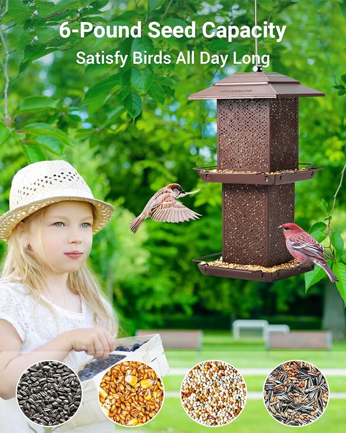 Bird Feeders for Outdoors Hanging - 6lb Large Capacity Metal Double Tier Bird Feeder,Chew-Proof, Weather and Water Resistant Wild Bird Feeders, Outside and Garden Decoration