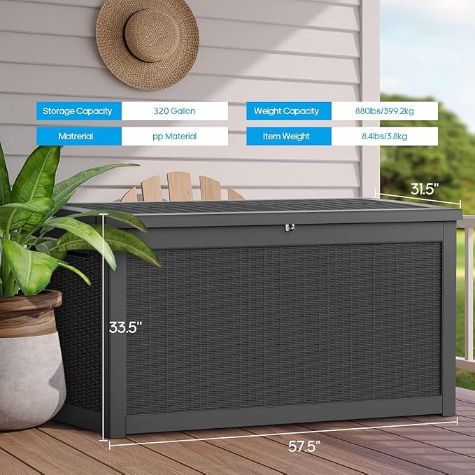 Vixzen 320 Gallon Resin Deck Box, Lockable Outdoor Storage Box for Patio Cushions Storage Furniture,Garden Tools, Pool Supplies, Weatherproof and UV Resistant- Black