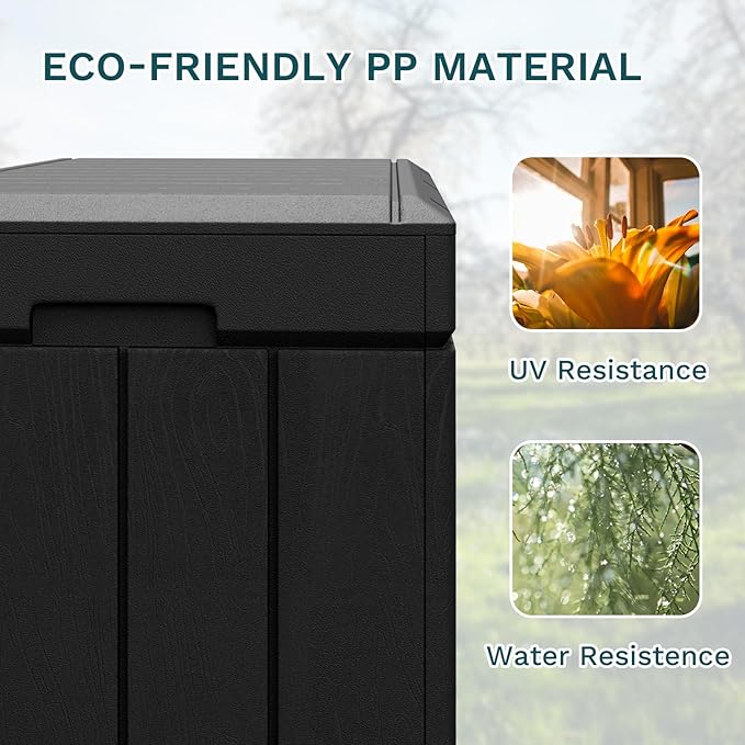 Patiolife 85 Gallon Resin Deck Box, Wood Like Outdoor Storage Box for Garden Tools, Pool Supplies, Waterproof and Lockable, Black
