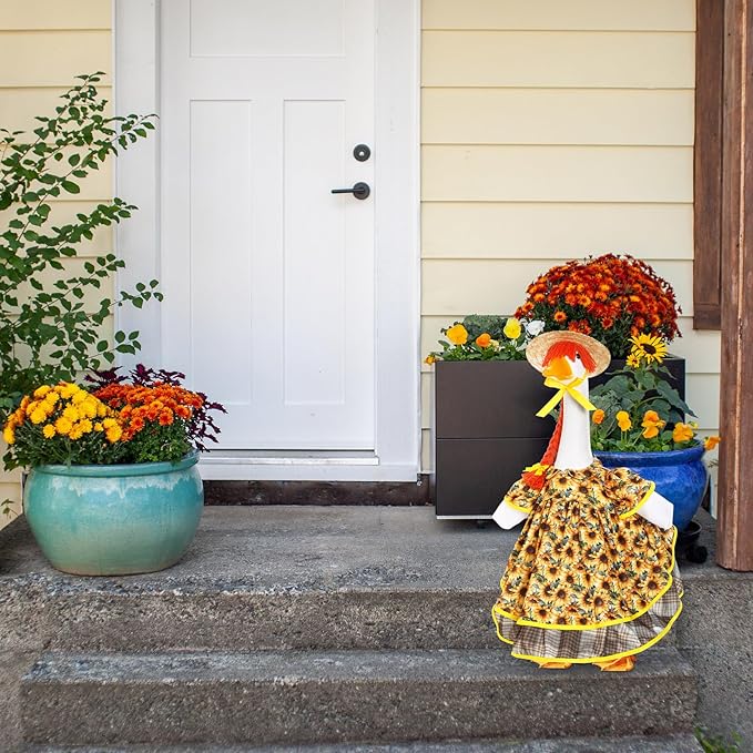 Fall Goose Outfit Harvest Sunflower Lawn Porch Cement Goose Clothes Harvest Skirts Hat Wig for Fall Thanksgiving Garden Outdoor Patio Yard Statue Art Decor(23 Inch)