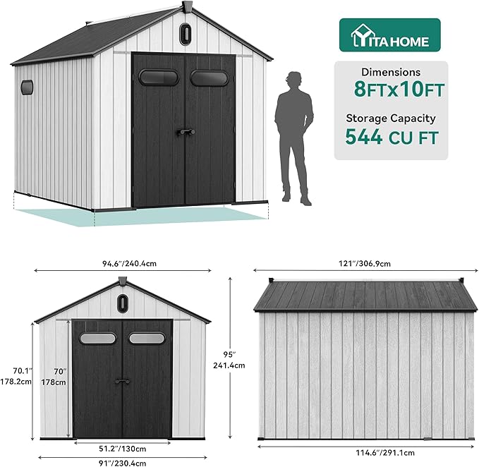 YITAHOME 8x10ft Outdoor Resin Storage Shed with Floor, 544 cuft Waterproof Garden Shed with Lockable Door, Windows & Vents, Plastic Tool Storage for Patio Furniture, Lawnmower, and Bike Storage, Gray