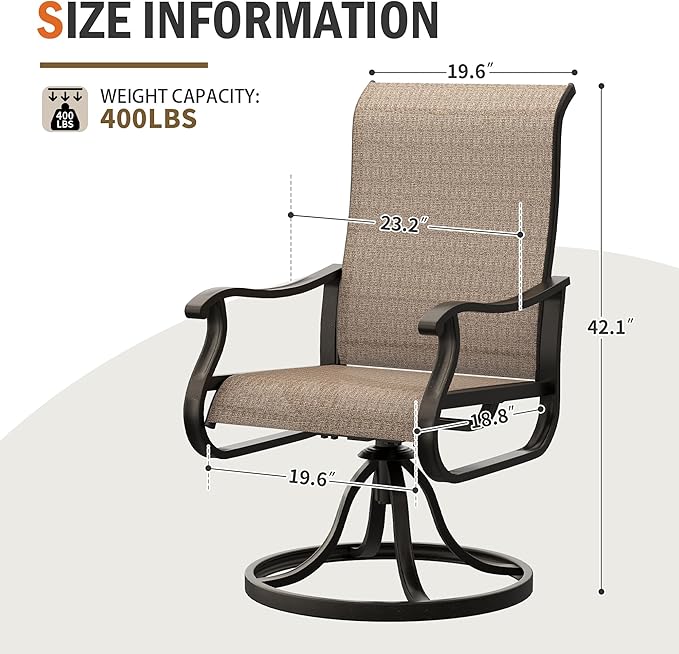 UDPATIO Patio Swivel Chairs Set of 4, Outdoor Patio Dining Chairs with All Weather Textilene Black Metal Frame for Lawn Garden Backyard, Brown