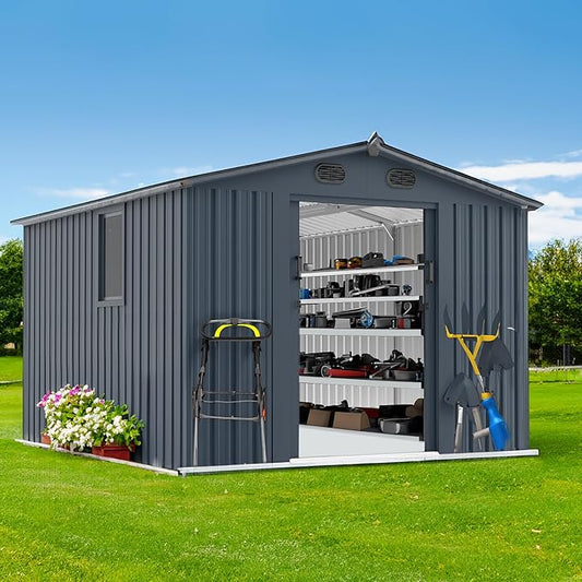 Outdoor Storage Shed, Metal Garden Shed with Double Doors, Galvanized Steel, Waterproof and Rustproof (8x10 FT Metal Shed)