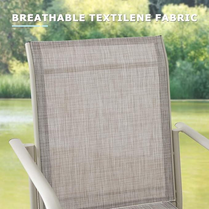 5 Pieces Round Dining Table Set for 4, Patio Dining Set Includes 4 Grey Stackable Patio Chairs and 1 Honey Oak Round Table, Patio Furniture Sets with Sling Support for Outside, Garden