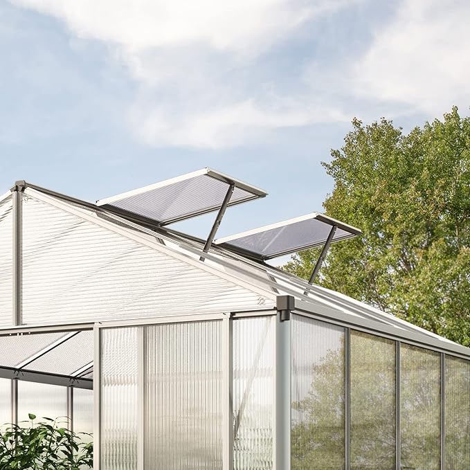 Greenhouse Rubin 7 Aluminum Frame 8.6 x 14.6 ft with Approx. 10 mm Polycarbonate Panels - with 2 Extra Skylights and 2 Automatic Window Openers