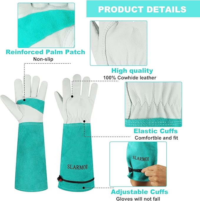 Long Gardening-Gloves Women/Men - Thorn proof Rose Pruning Heavy Duty Gauntlet (Large, Green)