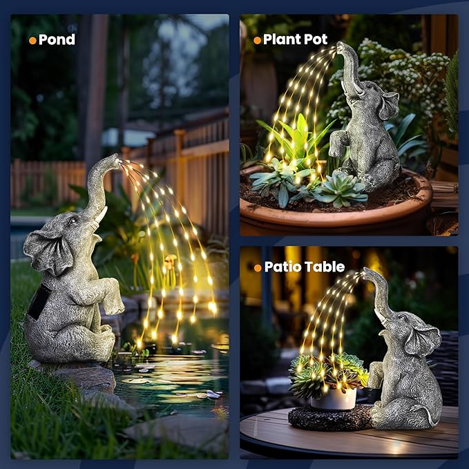 GIGALUMI Solar Garden Decor Upgraded Elephant Statues Outdoor, Birthday Gifts for Women Mom Grandma Senior Elder, Elephant Ornament for Balcony, Garden, Patio, Yard, Lawn (Twinkling Lights Only)