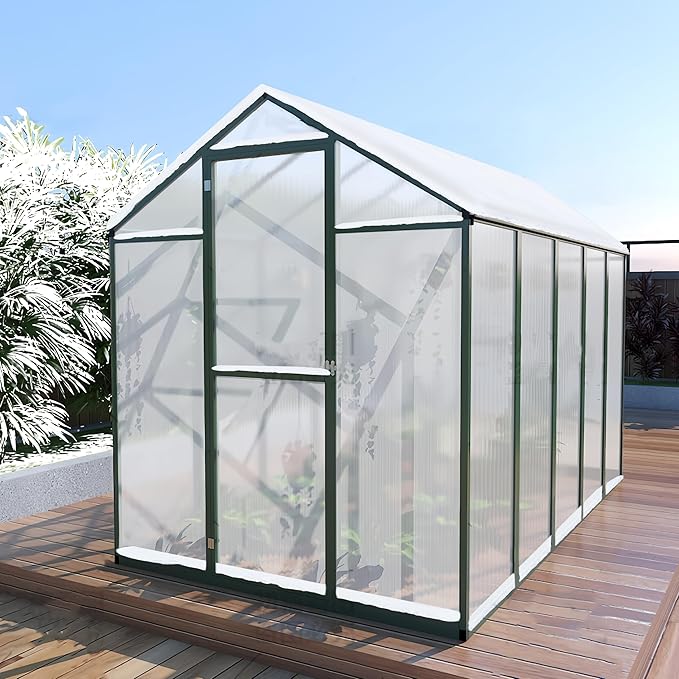 72*96in Greenhouse for Outdoors, Polycarbonate Greenhouse with Stronger Wind Protection and Roof Vent, Walk-in Large Aluminum Sunroom Winter Proof, Green