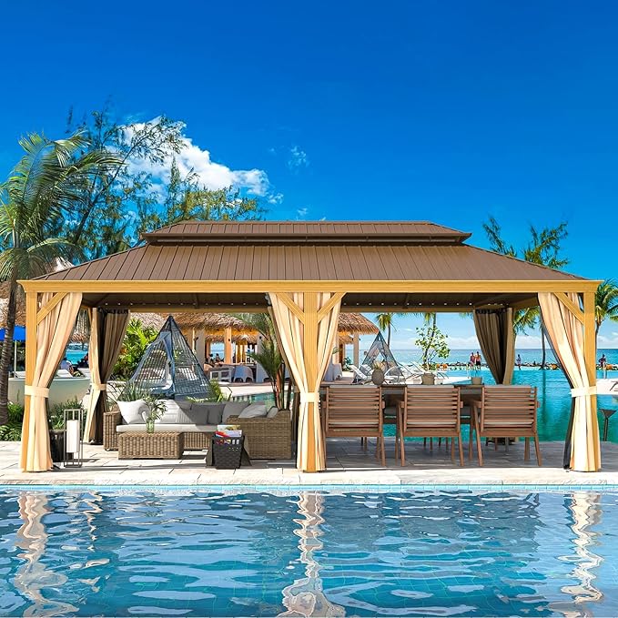 YOLENY 14' x 22' Hardtop Gazebo Wood-Looking Aluminum Frame Pergola with Galvanized Steel Double Roof, Outdoor Permanent Metal Pavilion with Netting and Curtains for Lawns，Deck and Backyard
