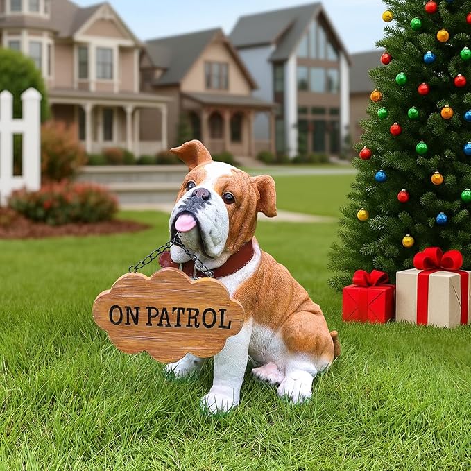 English Bulldog Outdoor Dog Statue with Flip-Over “Welcome/ON Patrol” Plaque and Solar Path Lantern, Brown & White Sitting Puppy for Porch & Lawn