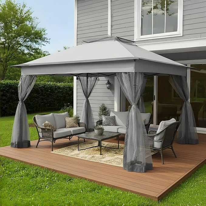 Bezseller 11x11 Pop Up Gazebo Tent with Mosquito Netting – Quick Set Up, Water-Resistant Outdoor Canopy for Patio, Garden, Backyard, and More,Light Grey