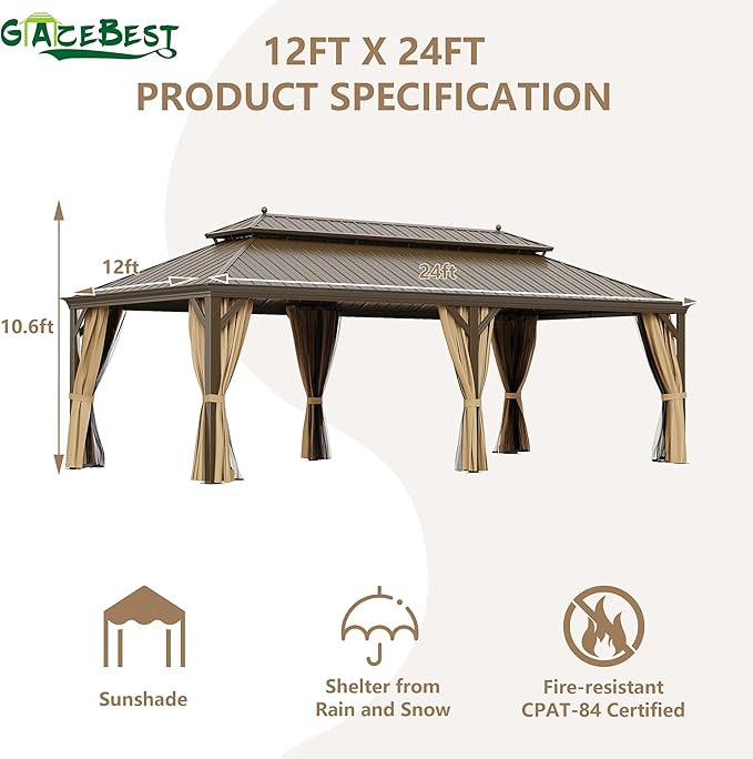 12' X 24' Hardtop Gazebo, Outdoor Galvanized Steel Double Roof Permanent Aluminum Frame Pavilion Pergola Canopy with Privacy Curtains for Garden, Patio, Backyard, Deck and Lawns.