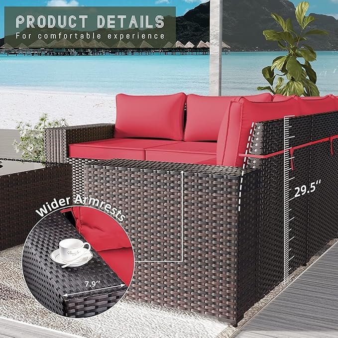 Outdoor Patio Furniture Set, 12 Pieces Outdoor Furniture All Weather Patio Sectional Sofas PE Wicker Modular Conversation Sets with Coffee Table,10 Chairs & Seat Clips Red.