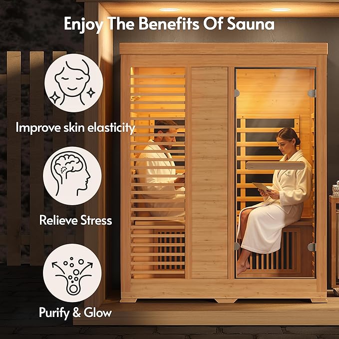 Infrared Sauna at Home 2-3 Person with 7 Color Therapy, Low EMF 2250W Fast Heating Canadian Hemlock Wood Sauna, Indoor Dry Sauna with Bluetooth Speakers for Home, Gym (5Lx3.6Wx6.3H Ft)