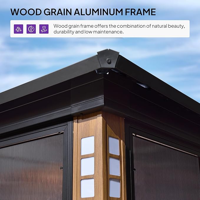PURPLE LEAF 12' X 20' Sunroom Patio Hardtop Gazebo Double Top Galvanized Steel Screen House Aluminum Sun Room Outdoor Solarium for Garden Backyard and 36 Solar String Light