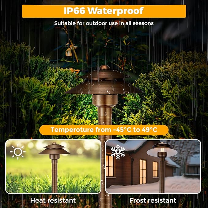 Gardencoin Solid Brass Low Voltage Landscape Pathway Lights (6'' Shade 2-Tier, 19'' Tall), 12V AC/DC LED Heavy Duty Path Lighting Outdoor Wired, Waterproof Bronze Walkway Light Without G4 Bulb,12 Pack