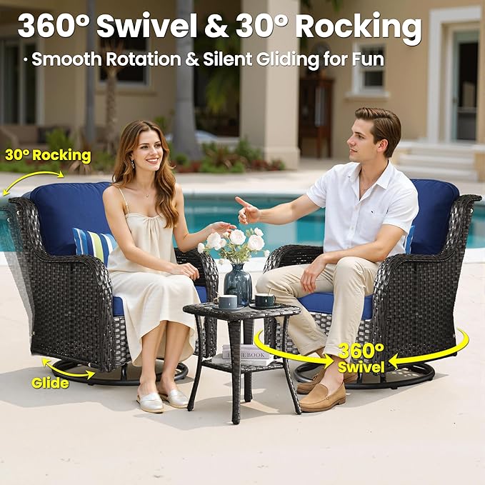 ovios 7 Pieces Patio Furniture Set, Outdoor Wicker Sofa Couch with Swivel Chairs 42" Fire Pit Table, High Back All Weather Modern Conversation Sets, Brown Rattan, Navy Blue