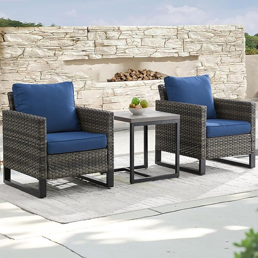 Rilyson Wicker Outdoor Patio Chairs Set - 3 Piece Rattan Patio Furniture Bistro Chairs Set with Waterproof Wicker,Comfortable Cushions and Sturdy Metal Frame for Porch Deck Backyard(Mixed Grey/Blue)