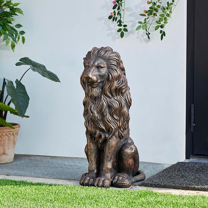 Glitzhome Guardian Sitting Lion Garden Statue MGO Outdoor Decoration, 27.75" H, Bronze