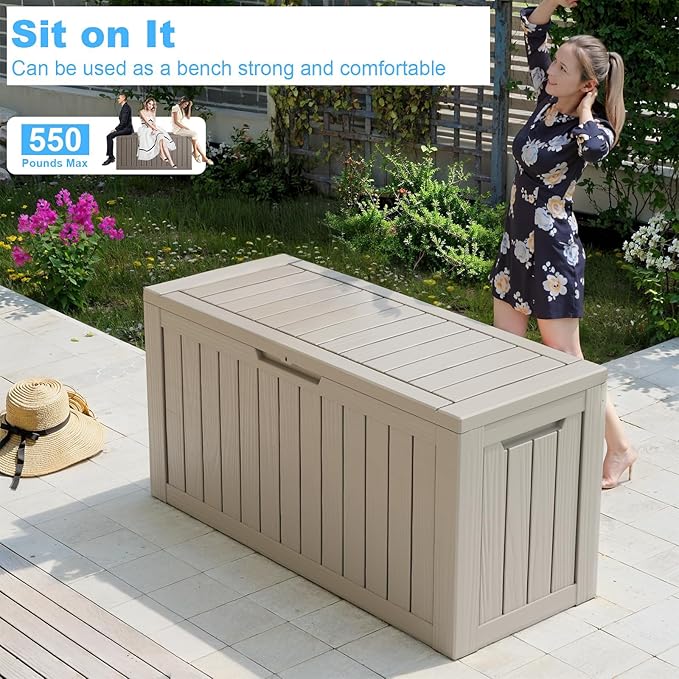 Vixzen 86 Gallon Resin Deck Box, Lockable Outdoor Storage Box for Patio Cushions Storage Furniture,Garden Tools, Pool Supplies, Weatherproof and UV Resistant- Grey