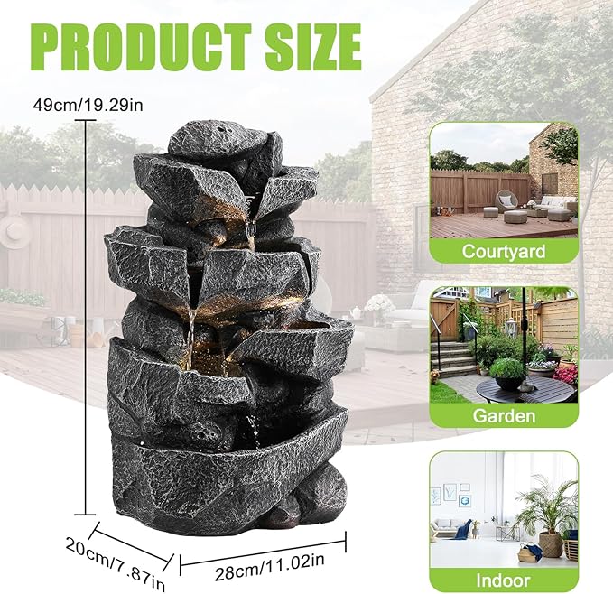 Outdoor 5-Tiers Cascading Rock Water Fountain, Waterfall Fountain with LED Lights, Outdoor Fountains and Waterfalls for Garden or Patio, Yard, and Deck Decor with Natural Stone Look