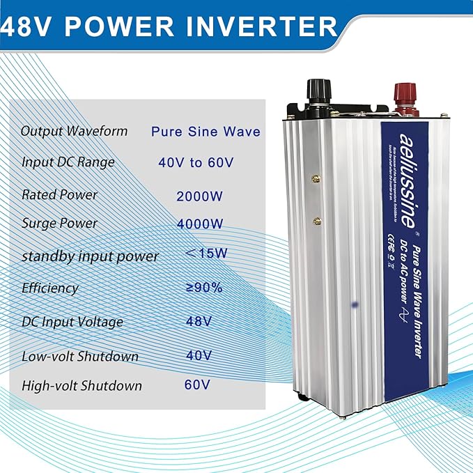 2000W Pure Sine Wave Inverter-48V DC to 110V 120V AC Power Converter with 4 AC Outlets, 48 Volt Power Inverter for Truck, Rv, Camping, Home, Emergency Power