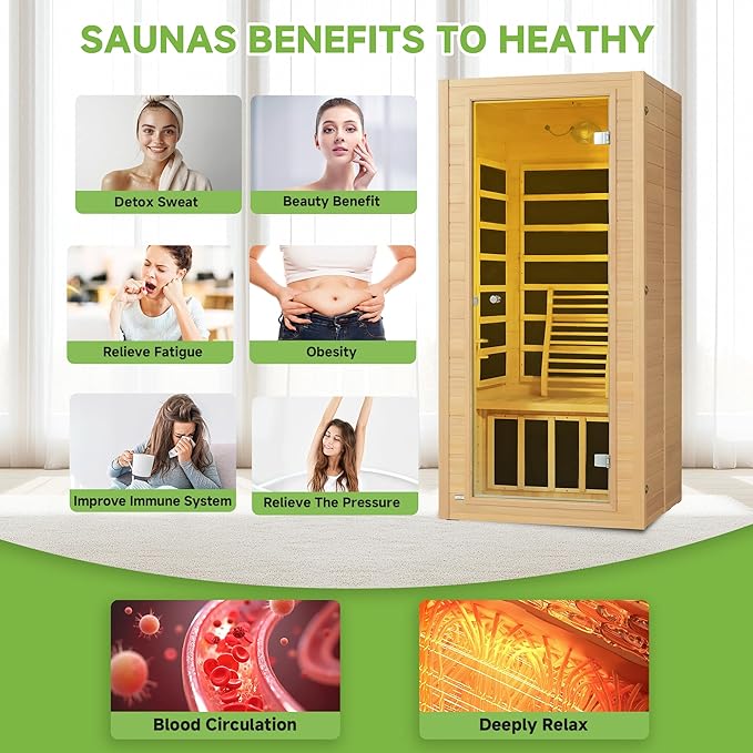 Real Relax Infrared Home Sauna, 1 Person Canadian Hemlock Wood Indoor Dry Saunas with Red Low Emf Light Therapy, Bluetooth Speakers, 9-Color Chromotherapy Lights, 110v for Personal Spa