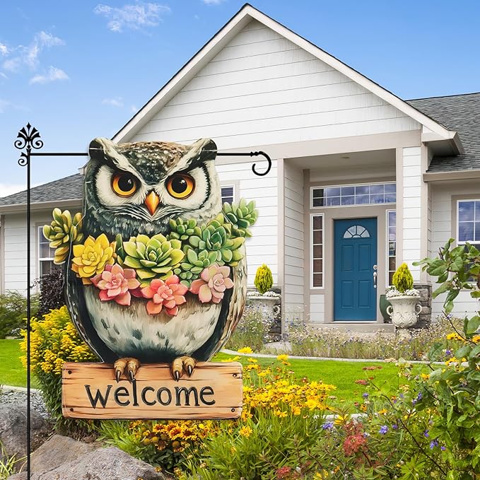 Owl Garden Flags 12x18 Inch Double Sided, Spring Summer Welcome Banner Small Yard Flags for Outside, Farmhouse Front Porch Home Outdoor Seasonal Decor Holiday All Seasons Decoration