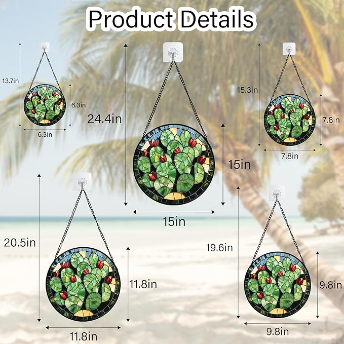 Stained Glass Window Hanging - Green Cactus Suncatcher for Doors Garden Patio Retro Plants Sun Catchers Decor Christmas Mother's Day Birthday Gifts for Women Men Mom Nana Friend 11.8 in