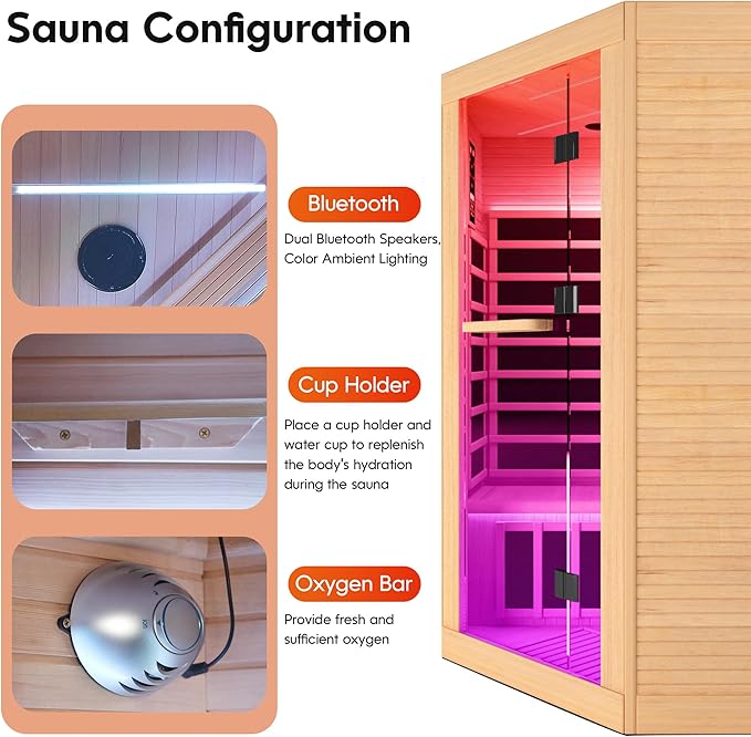 Home Sauna Far Infrared Sauna 7-Colors LED Light Indoor Sauna for 2-3 Person, Dry Sauna Room with Low EMF 2180W,with Canadian Hemlock Wood,with Towel Rack and Cup Holder