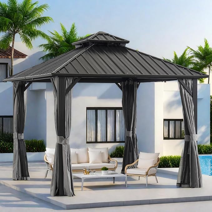 Endark 10x10FT Hardtop Gazebo with Double Roof, Aluminum Frame Outdoor Pavilion with Netting and Curtains for Patio, Backyard, Lawn