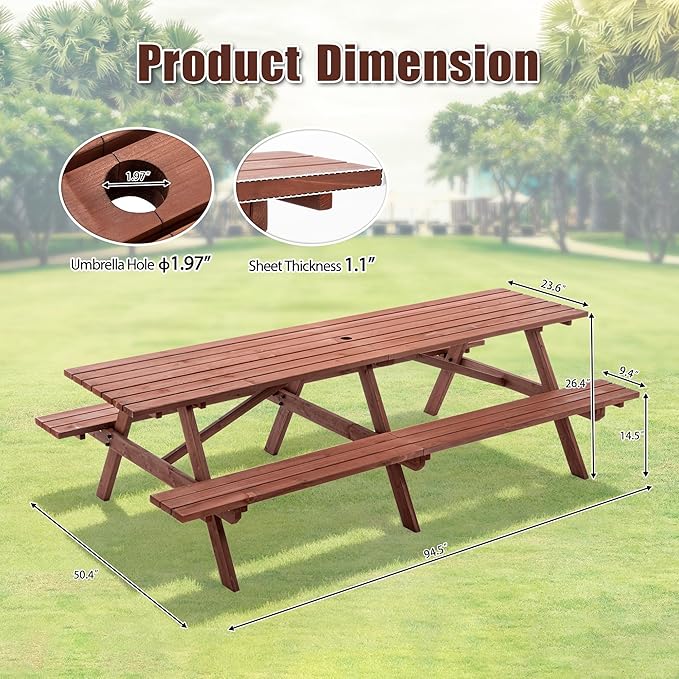 Picnic Table with Bench for 12 Person Rectangle Outdoor Wooden Outdoor Picnic Table for Patio Garden Backyard Large Outside Dining Table Set with Umbrella Hole
