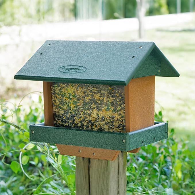 DutchCrafters Poly Large Hopper Bird Feeder Post Mount for 4" x 4", Wild Songbird Bird Seed Feeder for Outdoor, Outside, Garden, Yard - Amish Made in USA (Post Mount, Tudor Brown & Weatherwood)