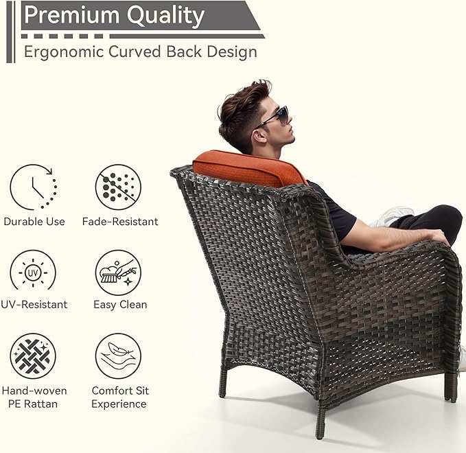 Patio Wicker Chairs Set of 2, Patio Rattan Dining Chairs with 3.5-inch Seat Cushions, High Back and Curved Armrest for Garden, Backyard, Balcony and Deck, Orange