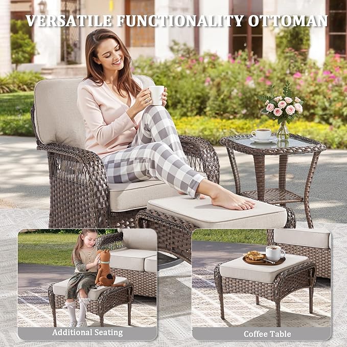 7 Pieces Patio Furniture Set Outdoor Sectional Sofa Couch with Rocking Swivel Chairs 5" Deep Seat Chairs, Modern Wicker Rattan Conversation Set, Beige/Brown Wicker