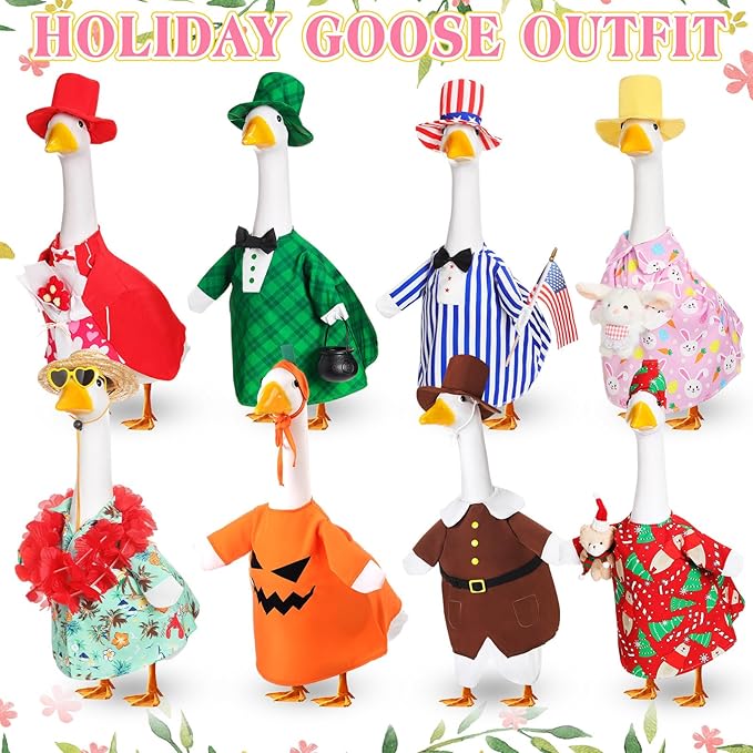 8 Set Seasonal Holiday Goose Outfits Fall Halloween Christmas Summer All Seasons Lawn Porch Goose Clothes Costume for 23" Cement Statue Garden Patio Outdoor Decoration(Boy Style)