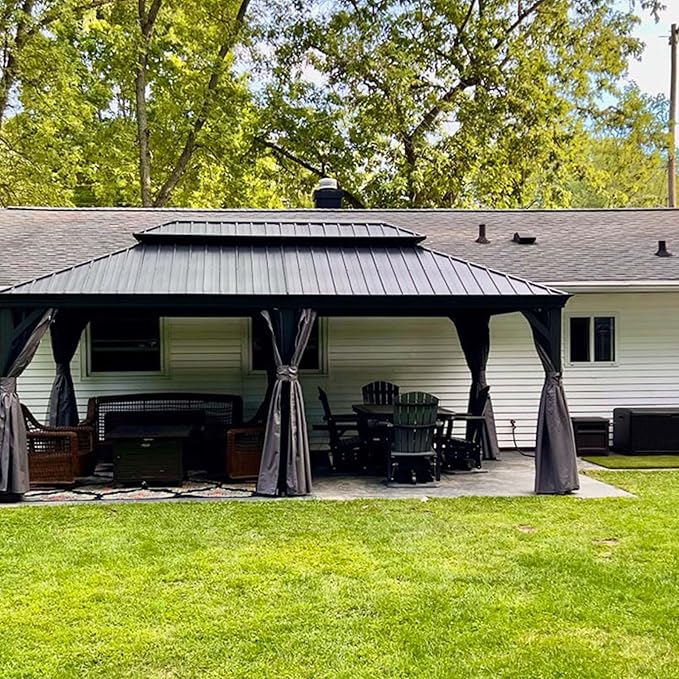 Domi 12' x 20' Hardtop Gazebo Permanent Metal Gazebo with Galvanized Steel Double Roof, Curtains and Netting for Patio, Backyard, Deck, Lawn, Grey