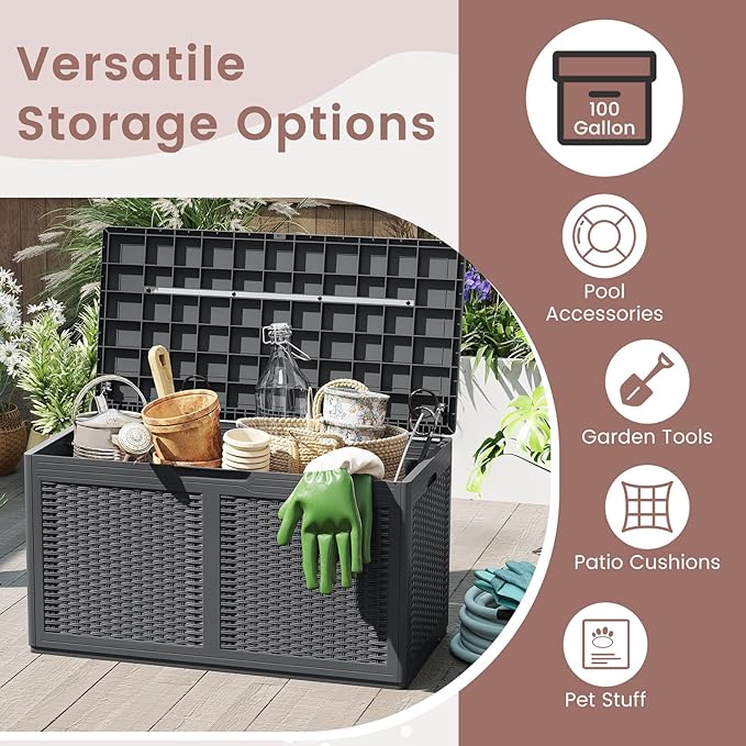 RELAX4LIFE 100-Gallon Resin Deck Box - Waterproof Outdoor Storage Box Container w/Lockable Lid & Wheels, Faux Rattan Porch Bench for Patio Furniture Cushions, Pool Accessories, Garden Tools (Grey)