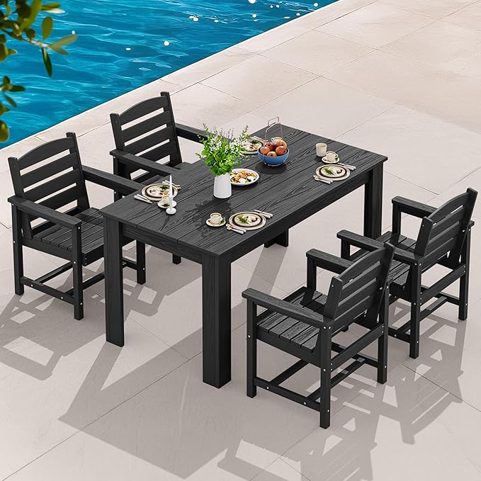 SERWALL Patio Dining Set for 4, Outdoor Dining Sets for 4 Person with 1 Umbrella Hole Cut-Out Rectangular Table and 4 Chairs, HDPE Dining Sets for Garden, Backyard, Poolside, Black