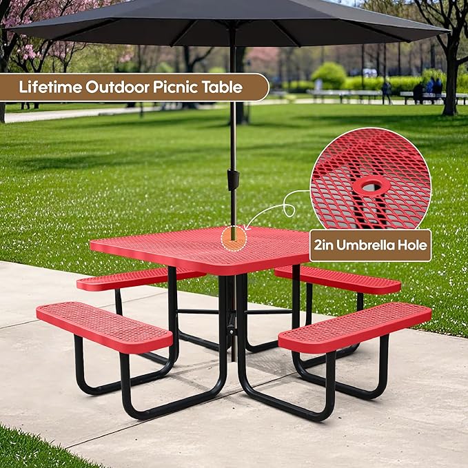 8-Person Picnic Tables for Outdoors, Industrial 46" Expanded Metal Square Picnic Table with 4 Benches & Umbrella Hole, Outside Table and Bench Set for Garden, Backyard, Porch, Patio, Red