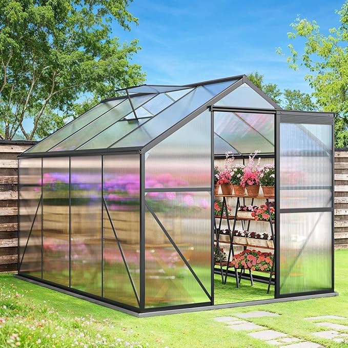 Gizoon 8x6 FT Outdoor Greenhouse, Polycarbonate Walk-in Garden House with Adjustable Roof Vent & Sliding Door, Aluminum Frame Garden Plant House for Backyard, Patio and Gardening (Black)