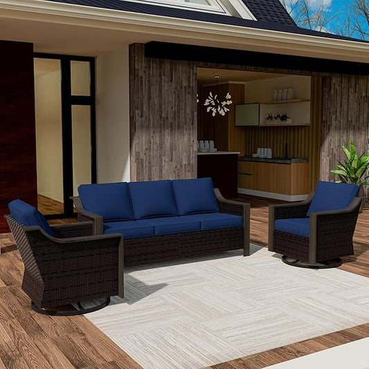 3 Piece Wicker Patio Conversation Set, All-Weather Use Outdoor Wicker Sofa with 2 PE Rattan Swivel Chair, Removable Water-Resistant Cushion, Ideal for Porch, Backyard, Balcony, Poolside, Blue